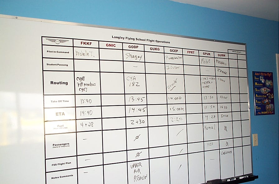 Langley Flying School Flight Operations Board